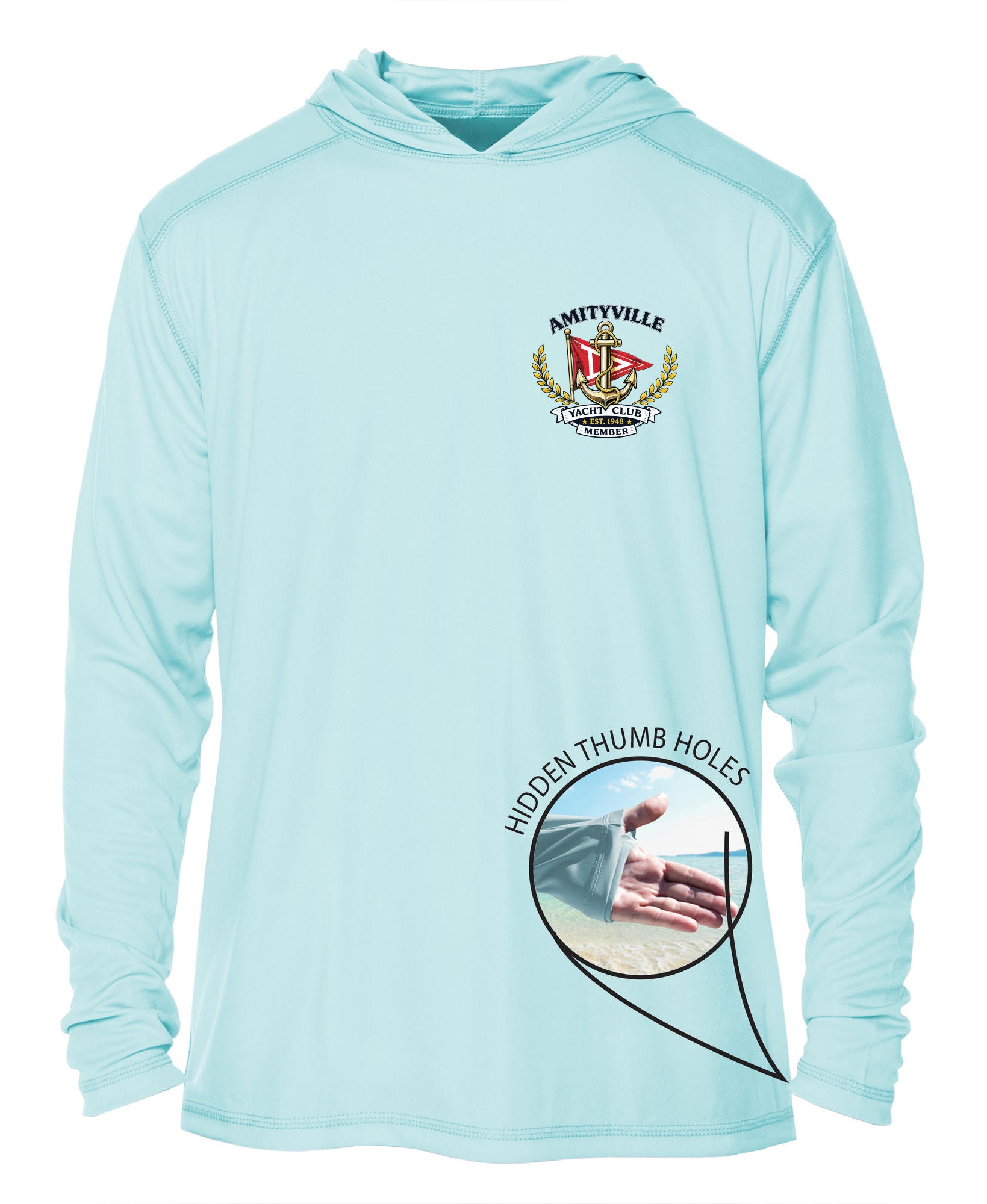 Amityville Yacht Club UPF 15+ MEN'S SOLAR RECYCLED HOODIE WITH THUMBHOLES