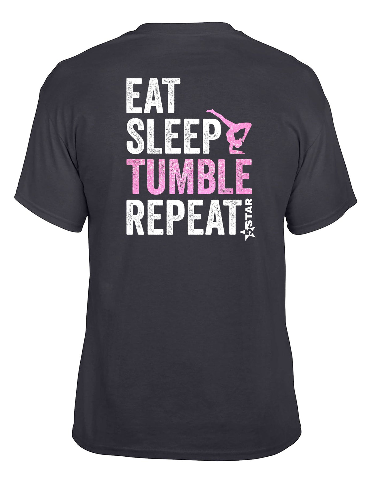 Black gymnastics T-shirt with pink and white Eat Sleep Tumble Repeat design