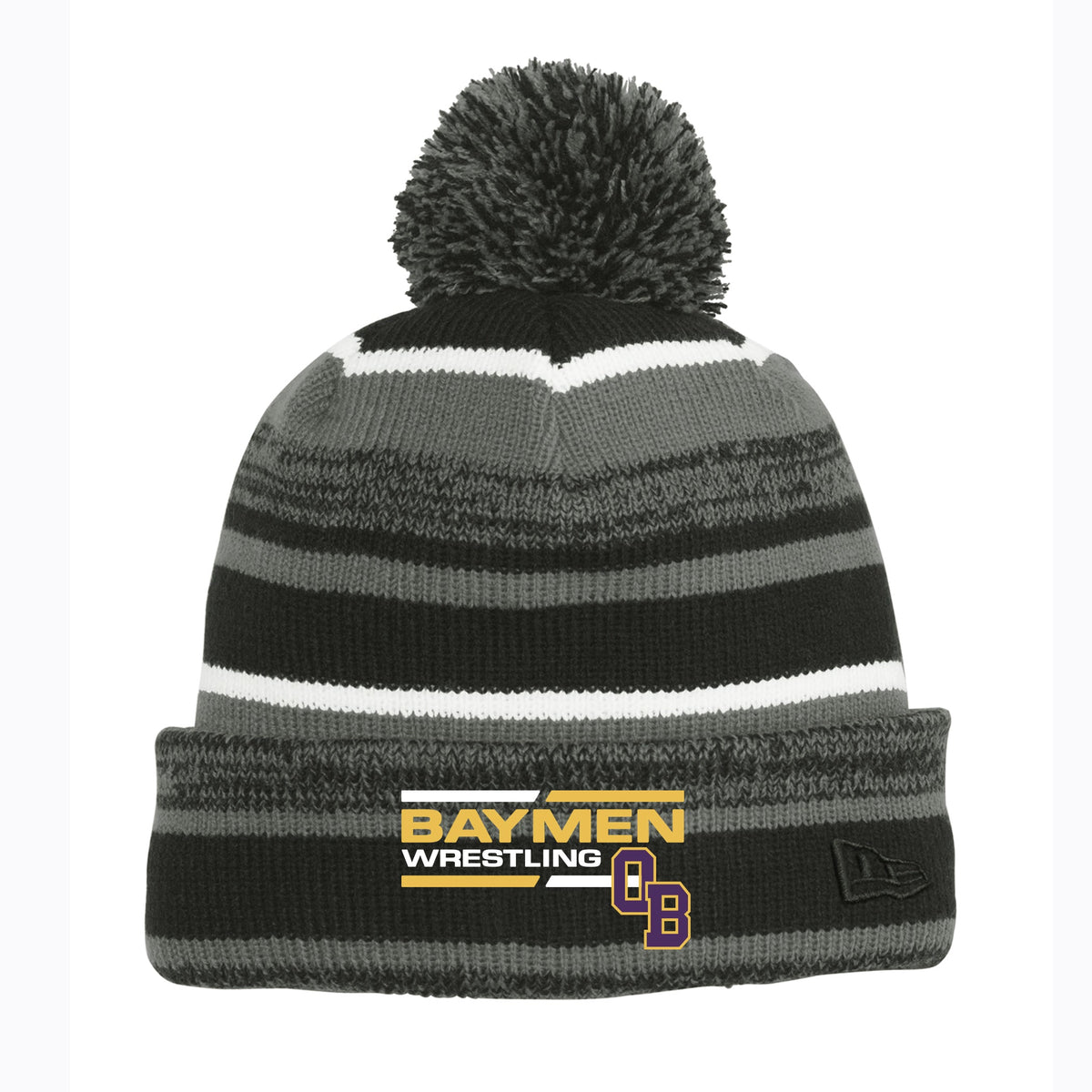 Black and gray pom-pom hat with Baymen Wrestling branding