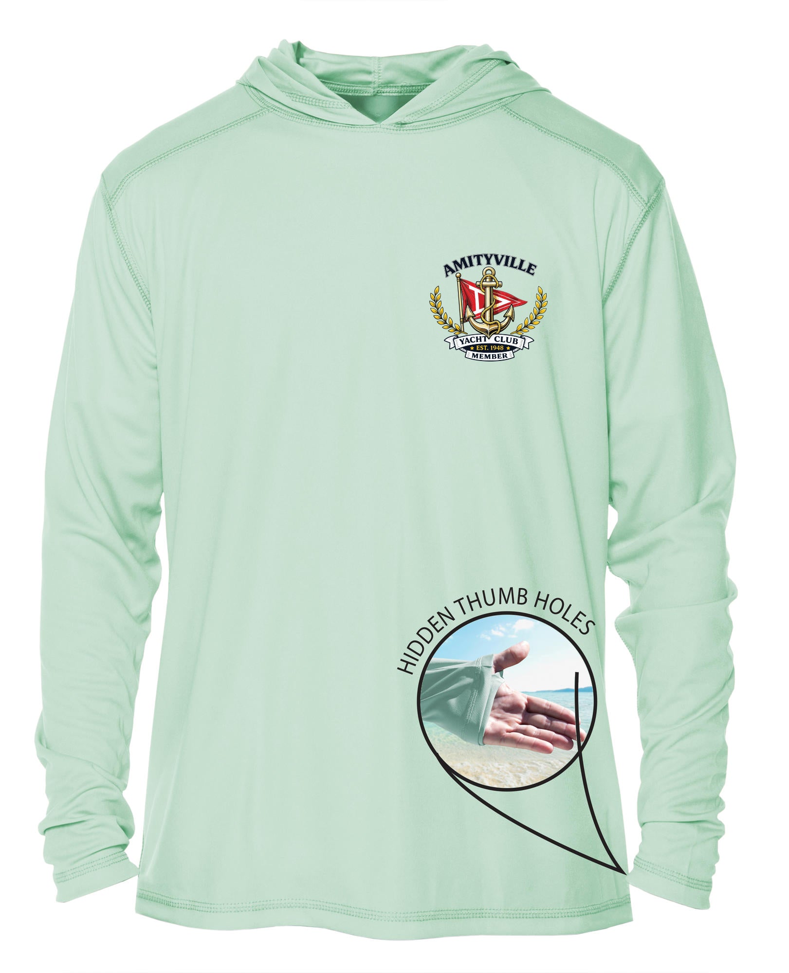 Amityville Yacht Club UPF 15+ MEN'S SOLAR RECYCLED HOODIE WITH THUMBHOLES