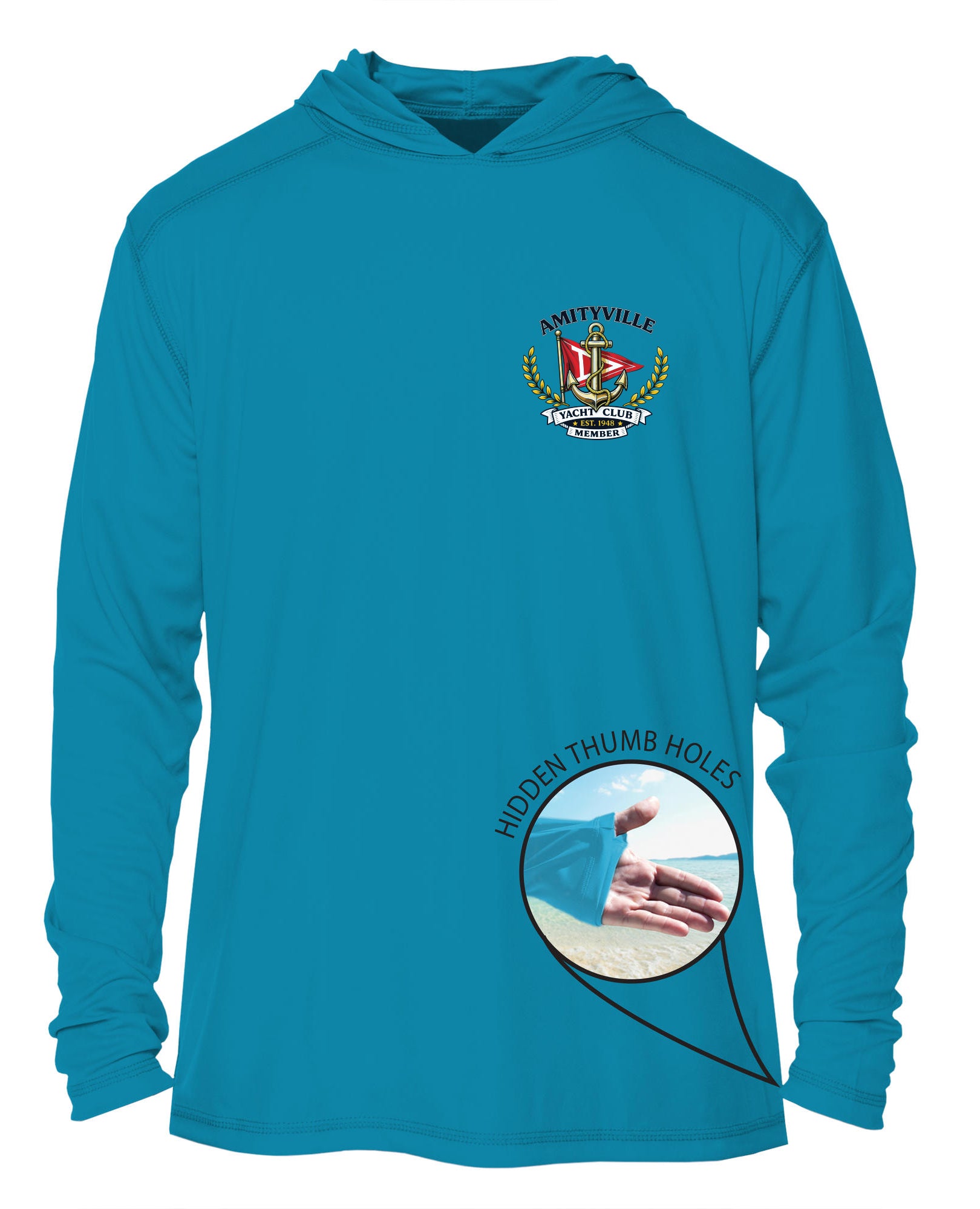 Amityville Yacht Club UPF 15+ MEN'S SOLAR RECYCLED HOODIE WITH THUMBHOLES