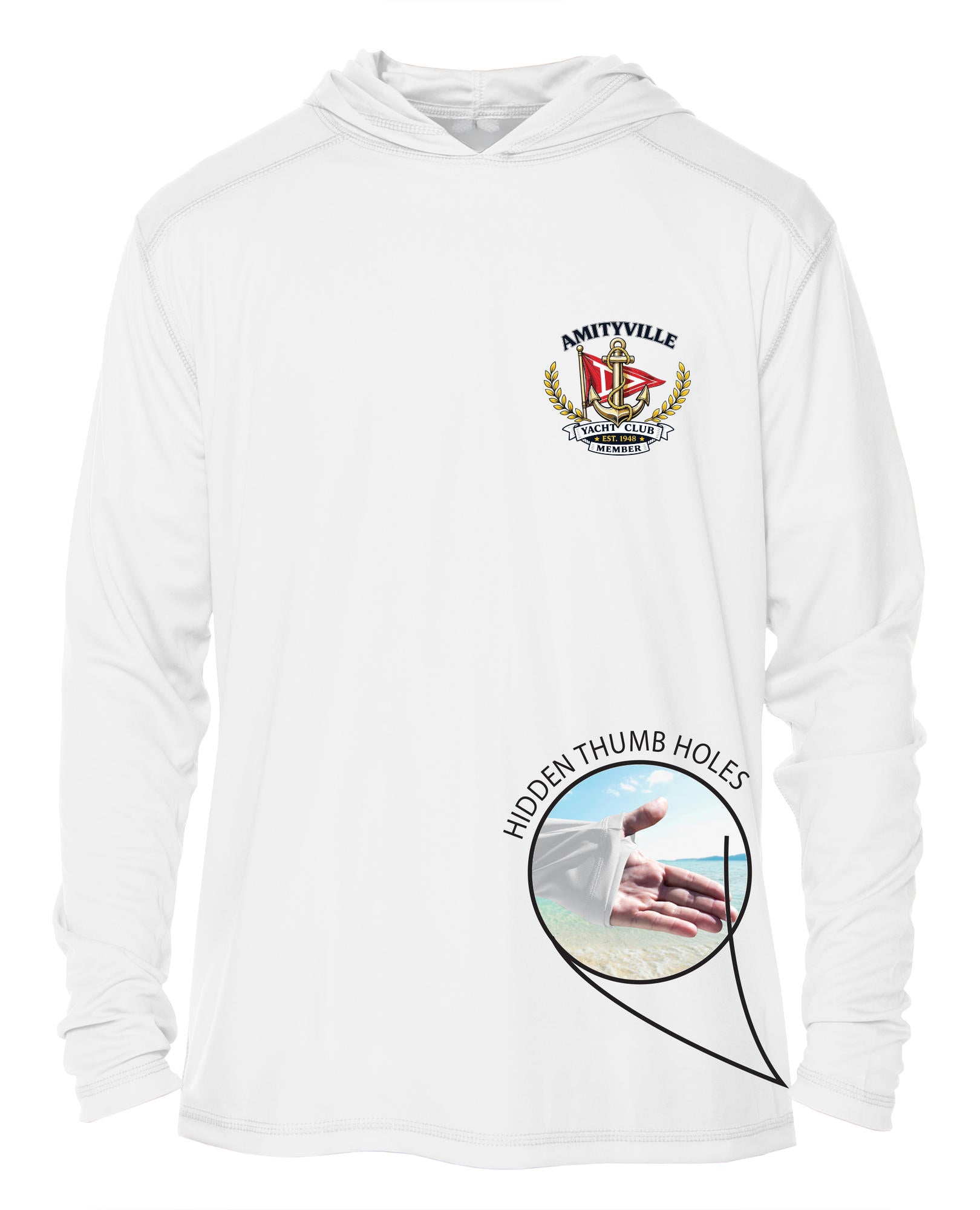 Amityville Yacht Club UPF 15+ MEN'S SOLAR RECYCLED HOODIE WITH THUMBHOLES
