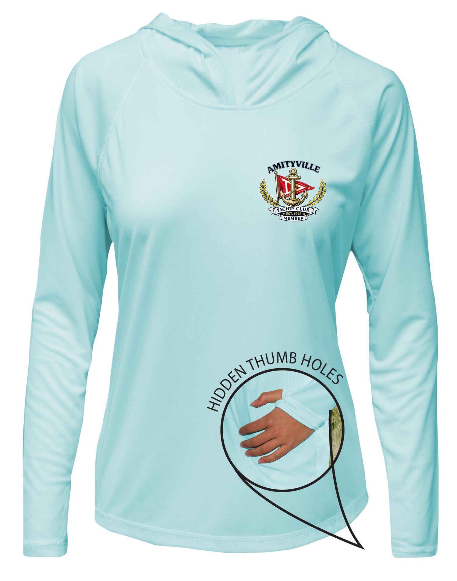 Amityville Yacht Club UPF 15+ WOMEN'S SOLAR HOODIE WITH THUMBHOLES