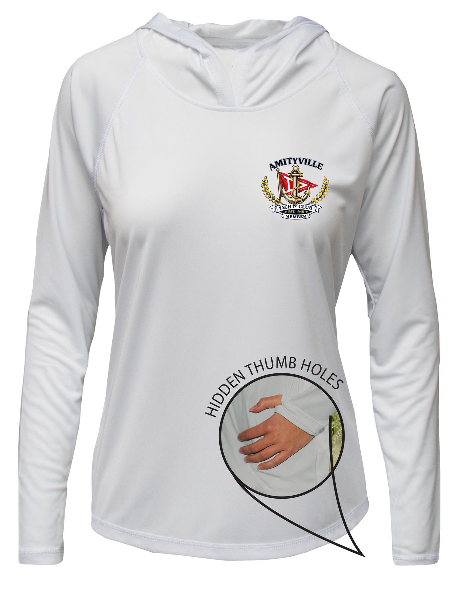 Amityville Yacht Club UPF 15+ WOMEN'S SOLAR HOODIE WITH THUMBHOLES
