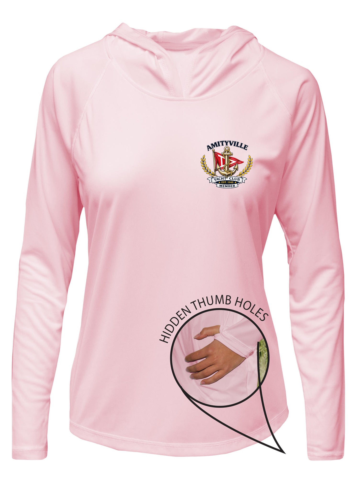 Amityville Yacht Club UPF 15+ WOMEN'S SOLAR HOODIE WITH THUMBHOLES