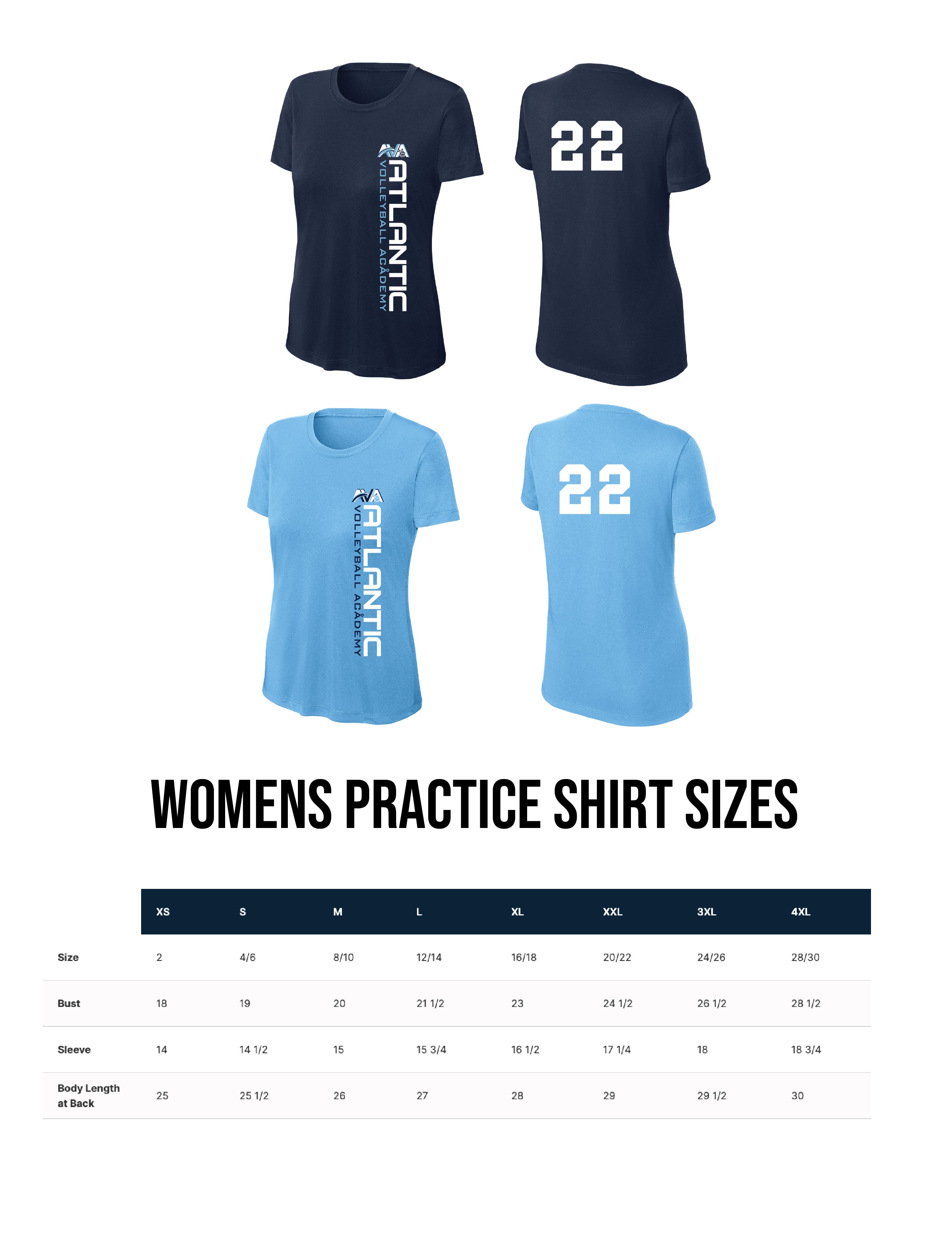 AVA Atlantic Volleyball Academy Uniform Women's Size Practice Shirt