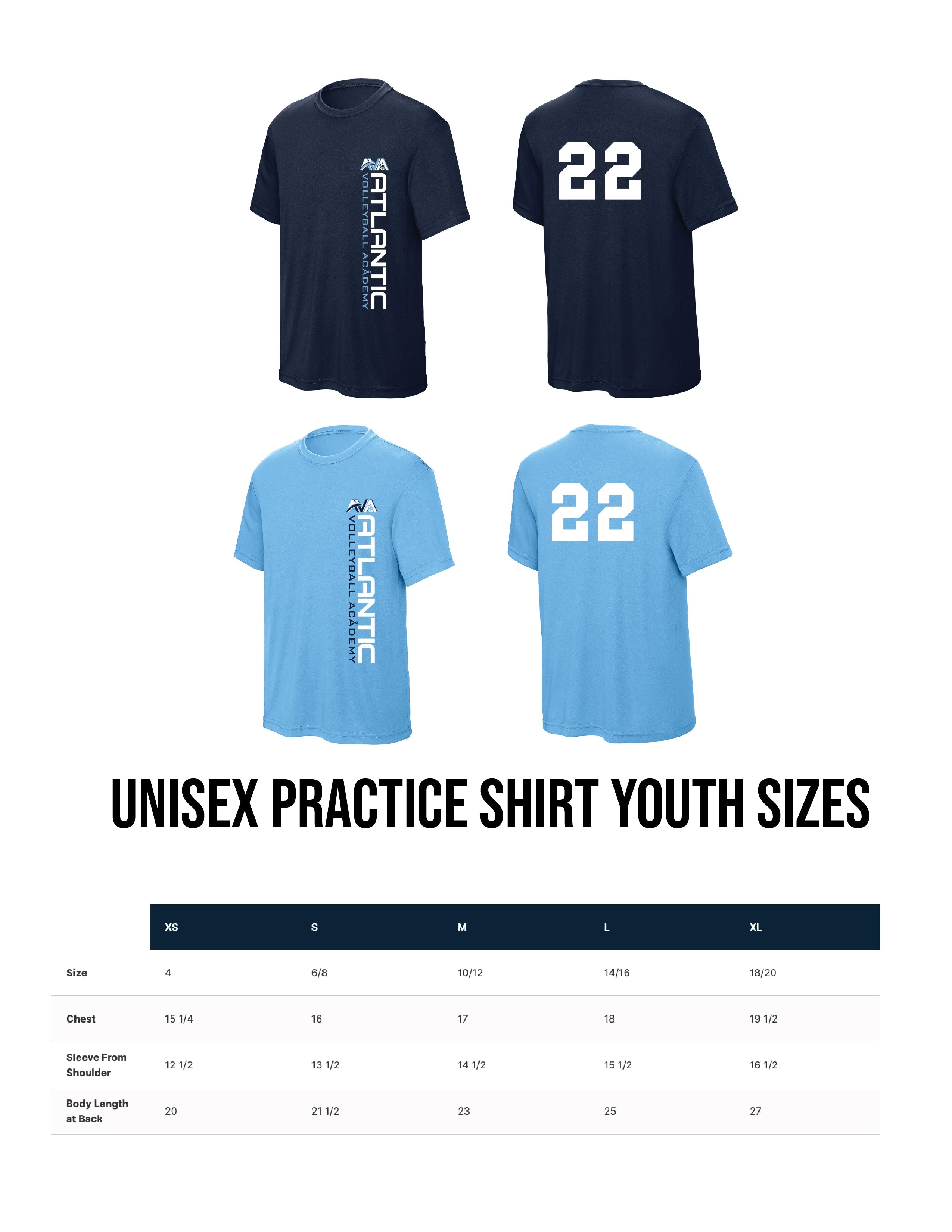 AVA Atlantic Volleyball Academy Uniform Unisex Youth Size Practice Shirt