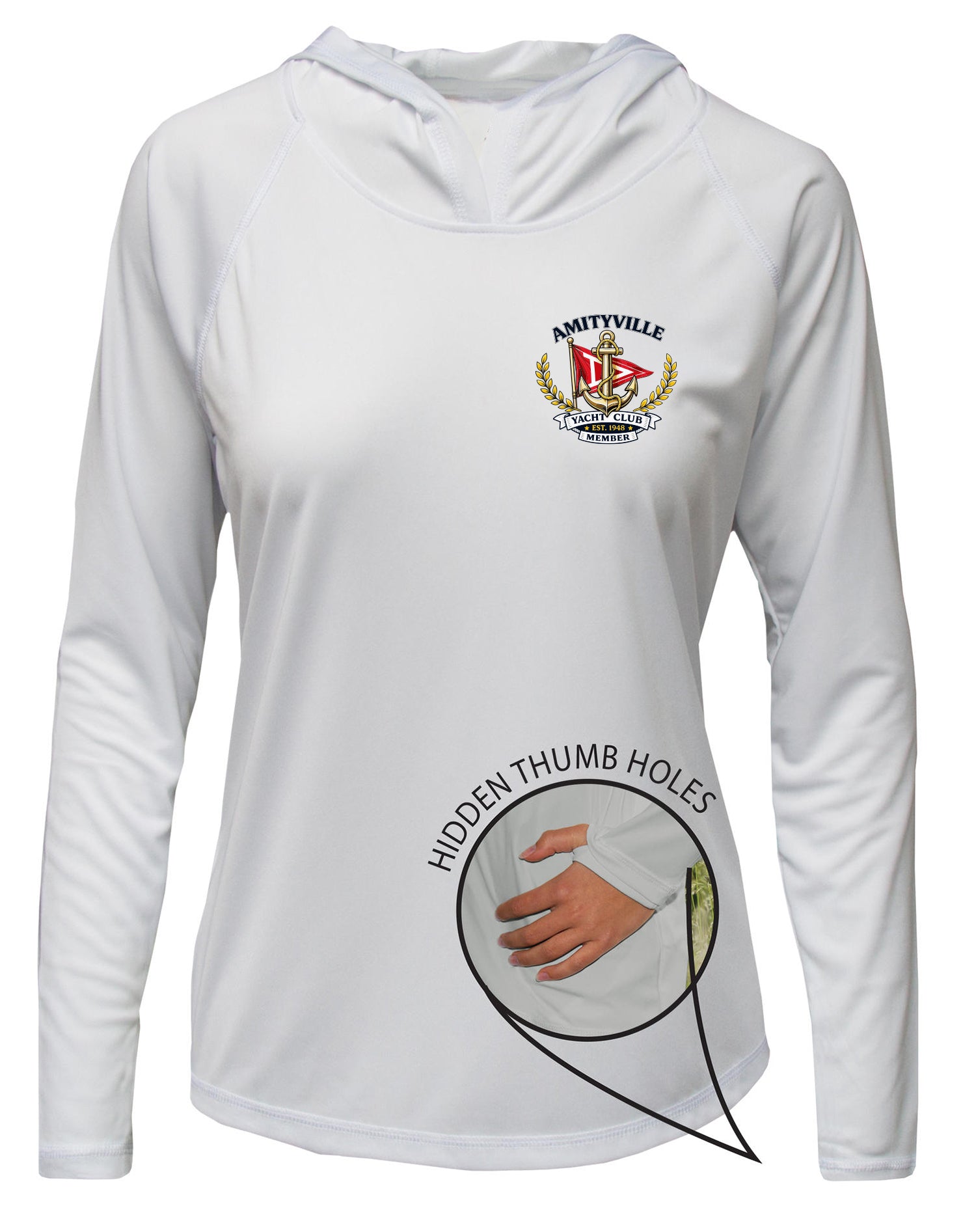 Amityville Yacht Club UPF 15+ WOMEN'S SOLAR HOODIE WITH THUMBHOLES